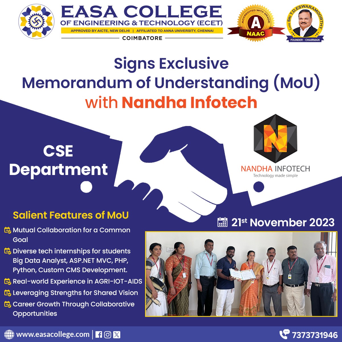 CSE Department MoU Signs with Nandha Infotech