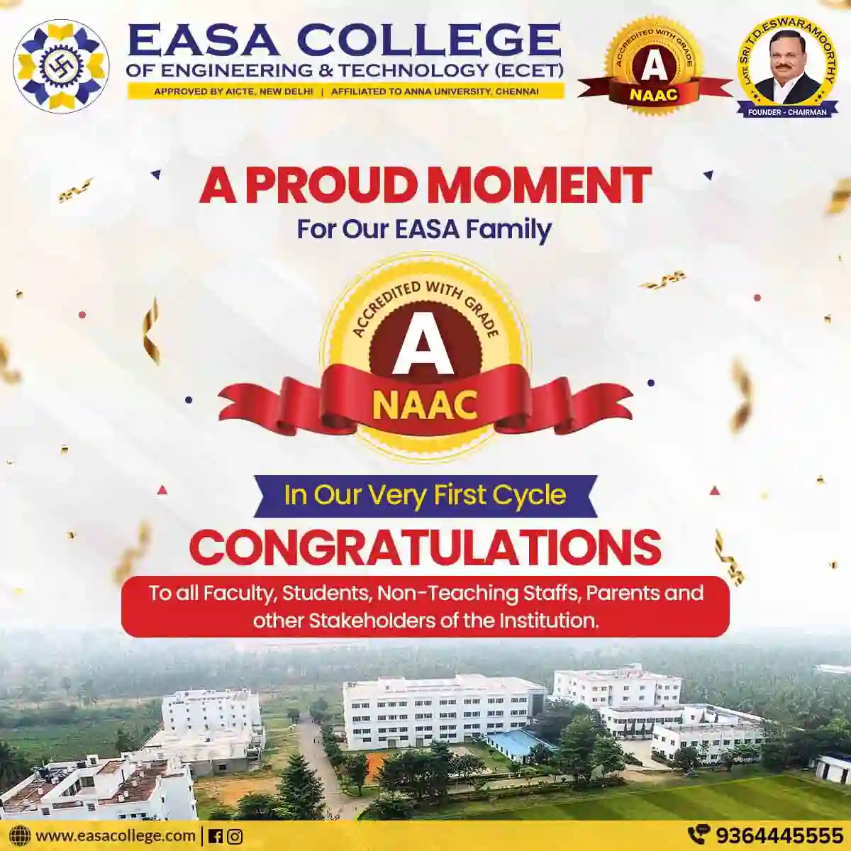 EASA College in Coimbatore Accredited with the NAAC A Grade in the Very First Cycle